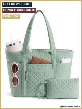 Quilted Cotton Tote Bag with 14" Laptop Sleeve and 40oz Cup Holder